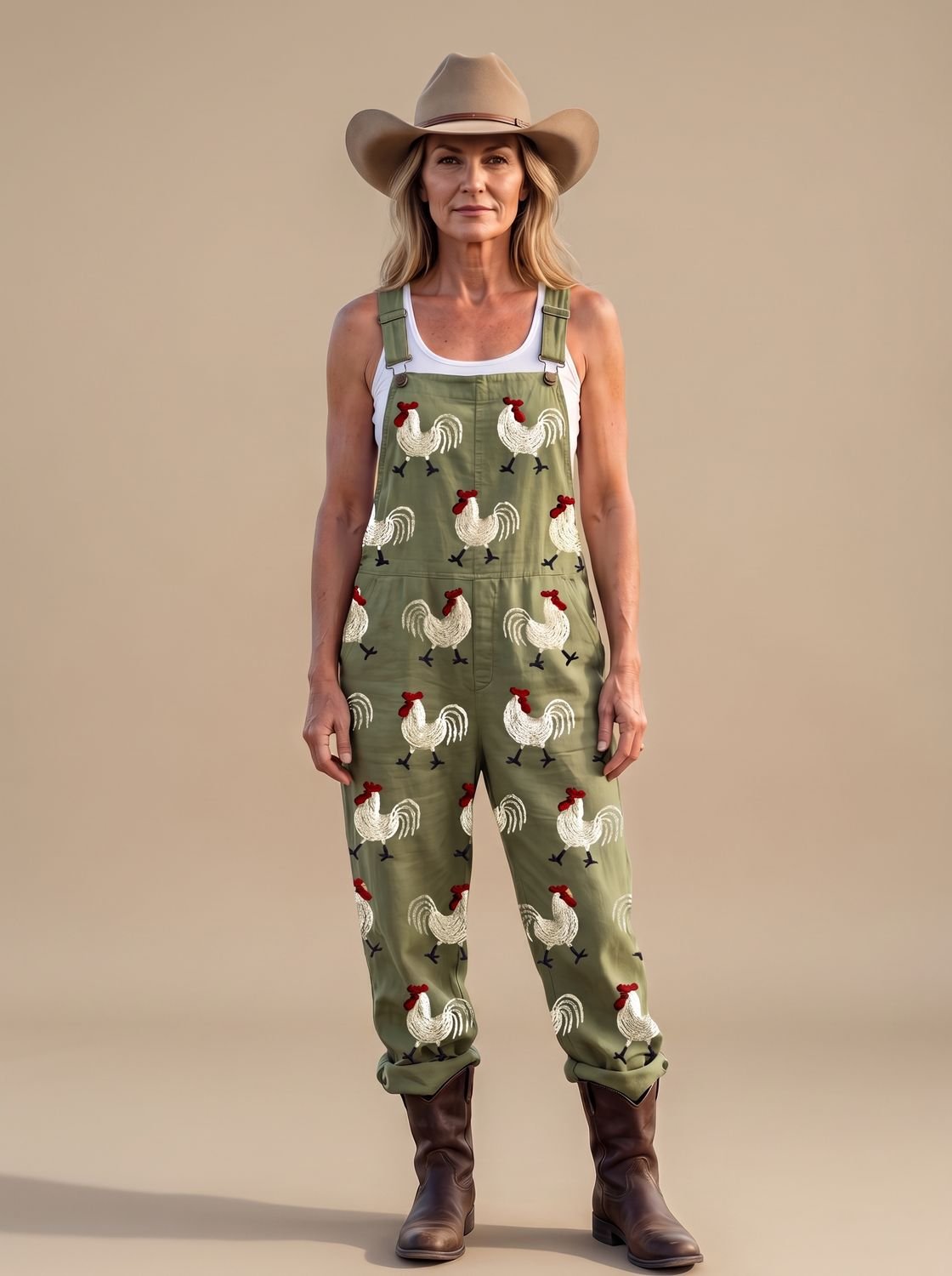 Women's Rooster-Print Relaxed-Fit Overalls Jumpsuit - Sage Green