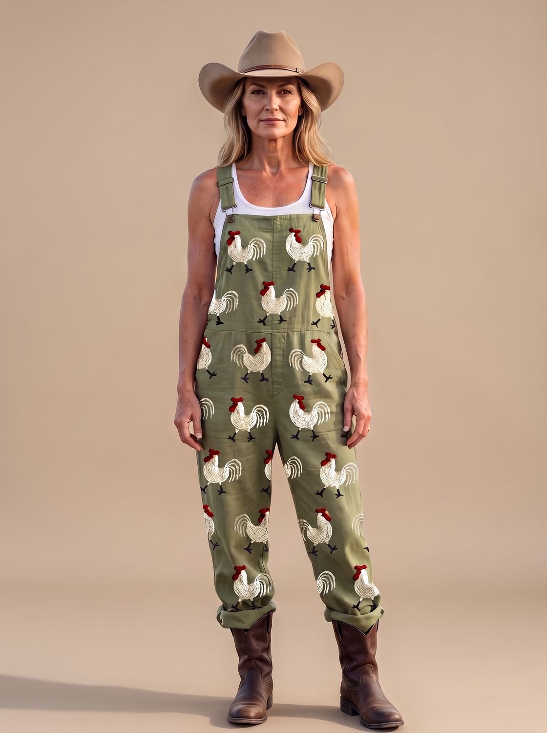 Women's Rooster-Print Relaxed-Fit Overalls Jumpsuit