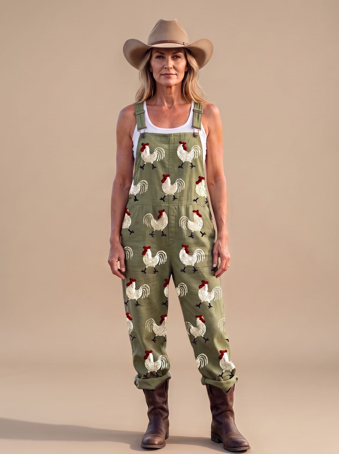Women's Rooster-Print Relaxed-Fit Overalls Jumpsuit