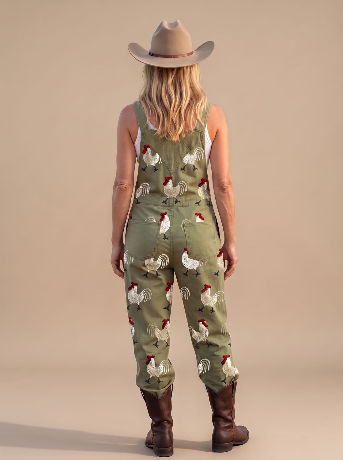 Women's Rooster-Print Relaxed-Fit Overalls Jumpsuit