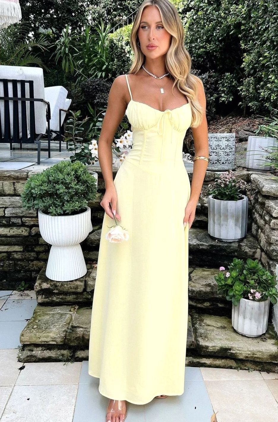 Women's Ruched Bustier Adjustable-Strap Maxi Dress