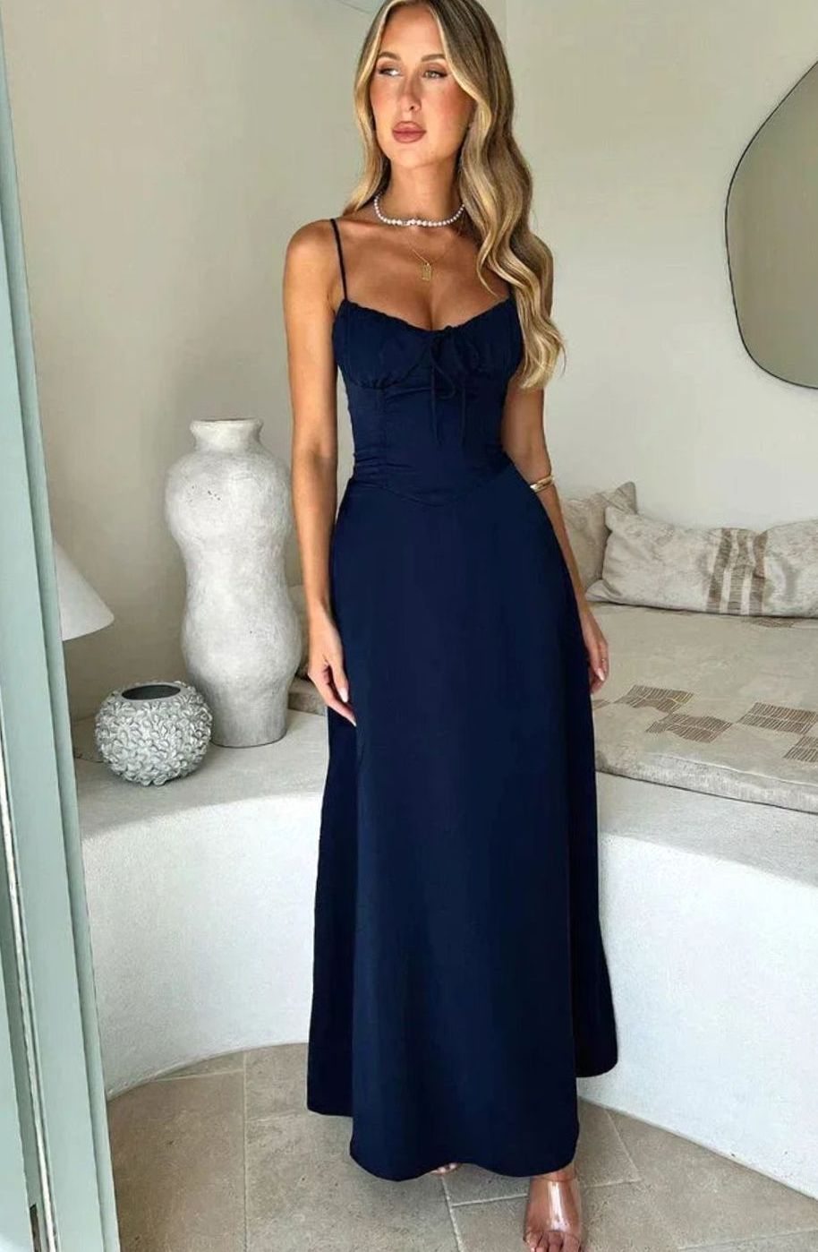 Women's Ruched Bustier Adjustable-Strap Maxi Dress