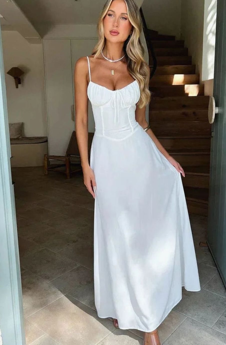 Women's Ruched Bustier Adjustable-Strap Maxi Dress