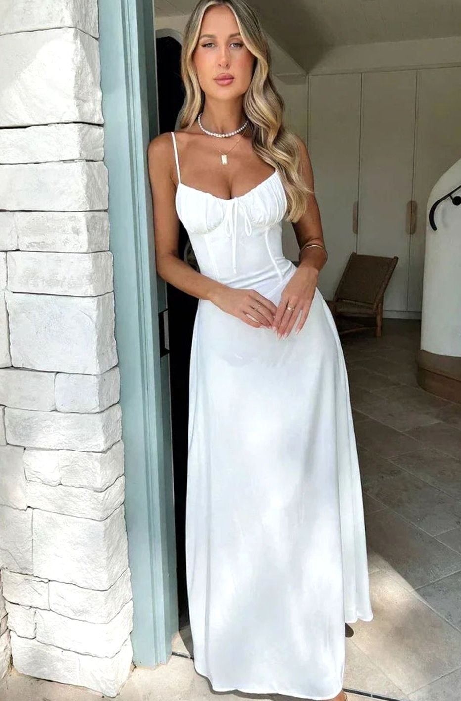 Women's Ruched Bustier Adjustable-Strap Maxi Dress - White
