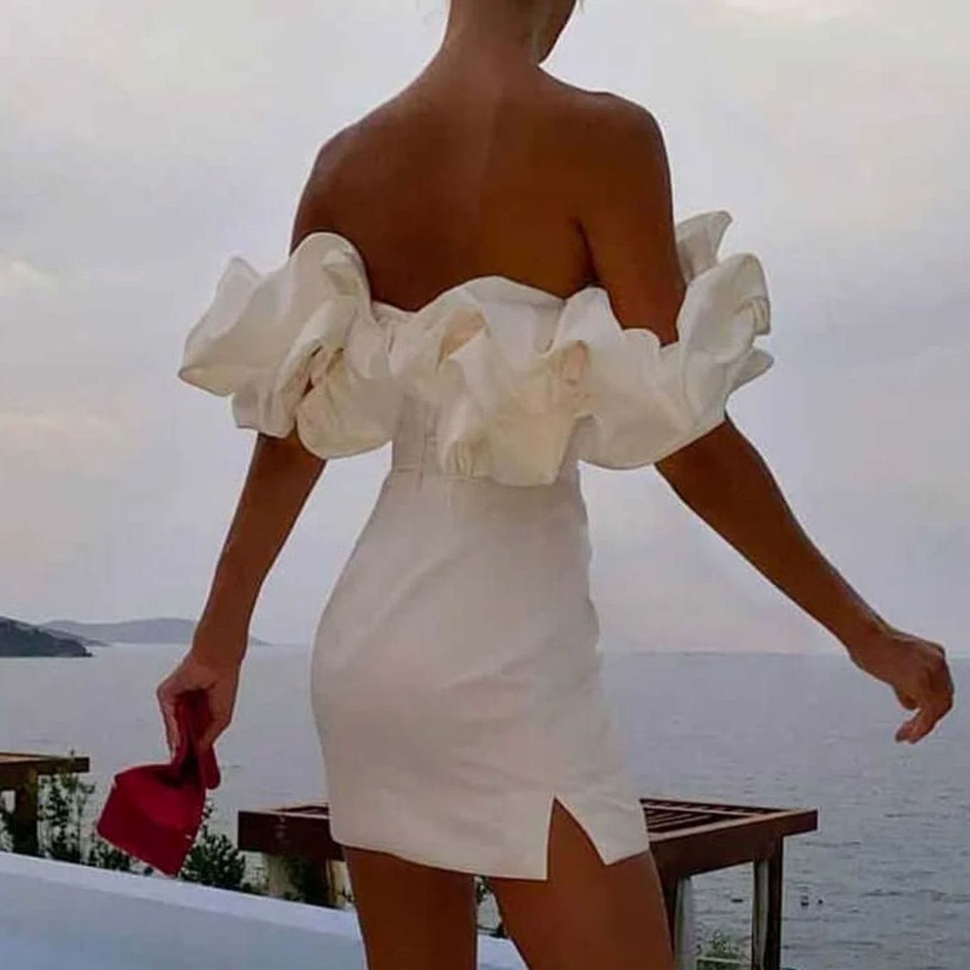Women's Ruffle Off-Shoulder Fitted Mini Cocktail Dress, White