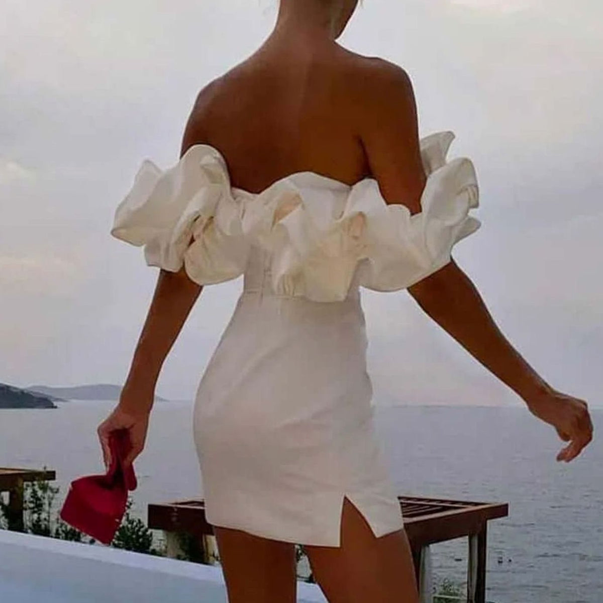 Women's Ruffle Off-Shoulder Fitted Mini Cocktail Dress, White