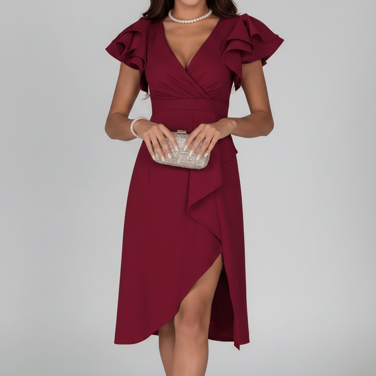 Women's Ruffle Sleeve Wrap Mother of the Bride Dress Asymmetric Midi - Deep Red