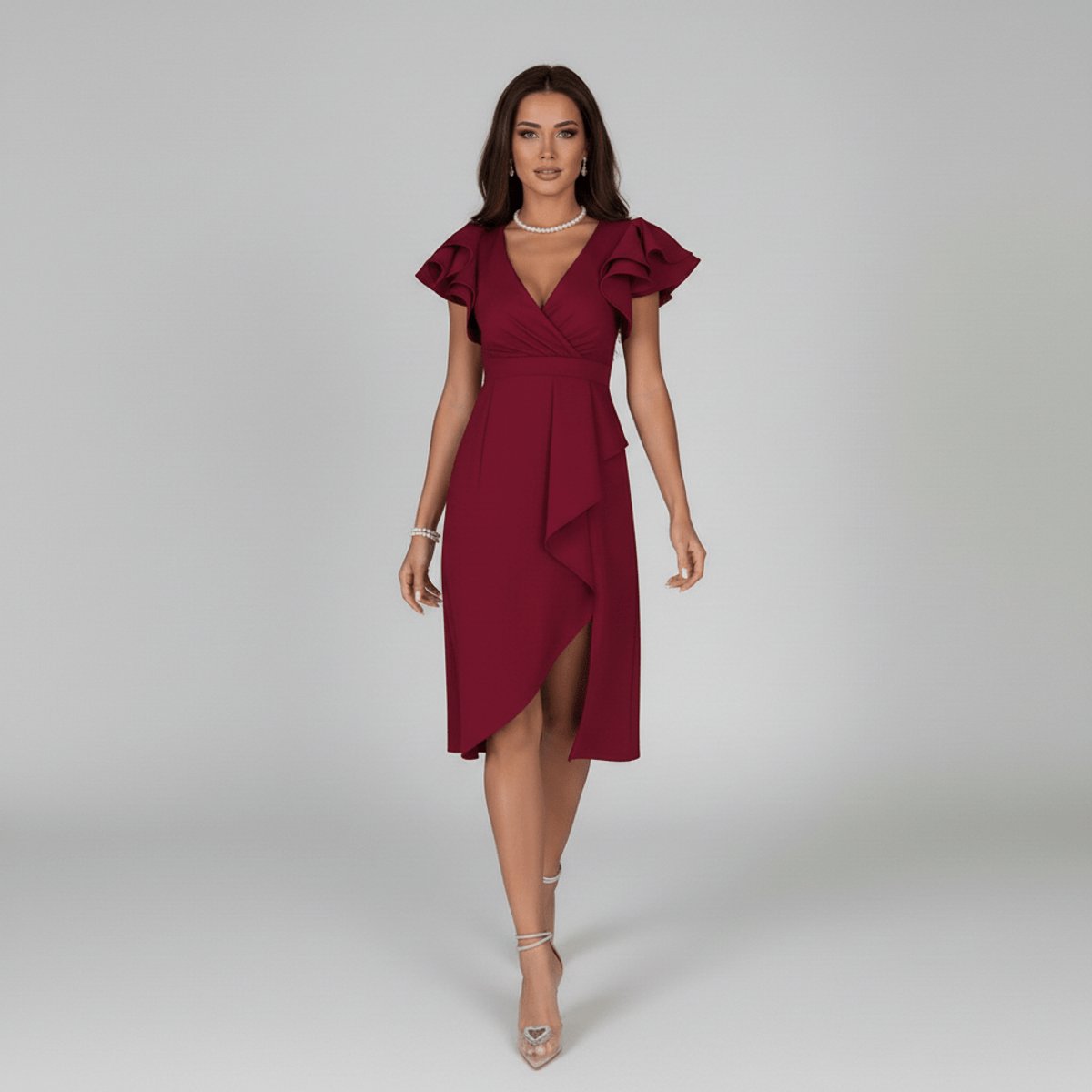 Women's Ruffle Sleeve Wrap Mother of the Bride Dress Asymmetric Midi
