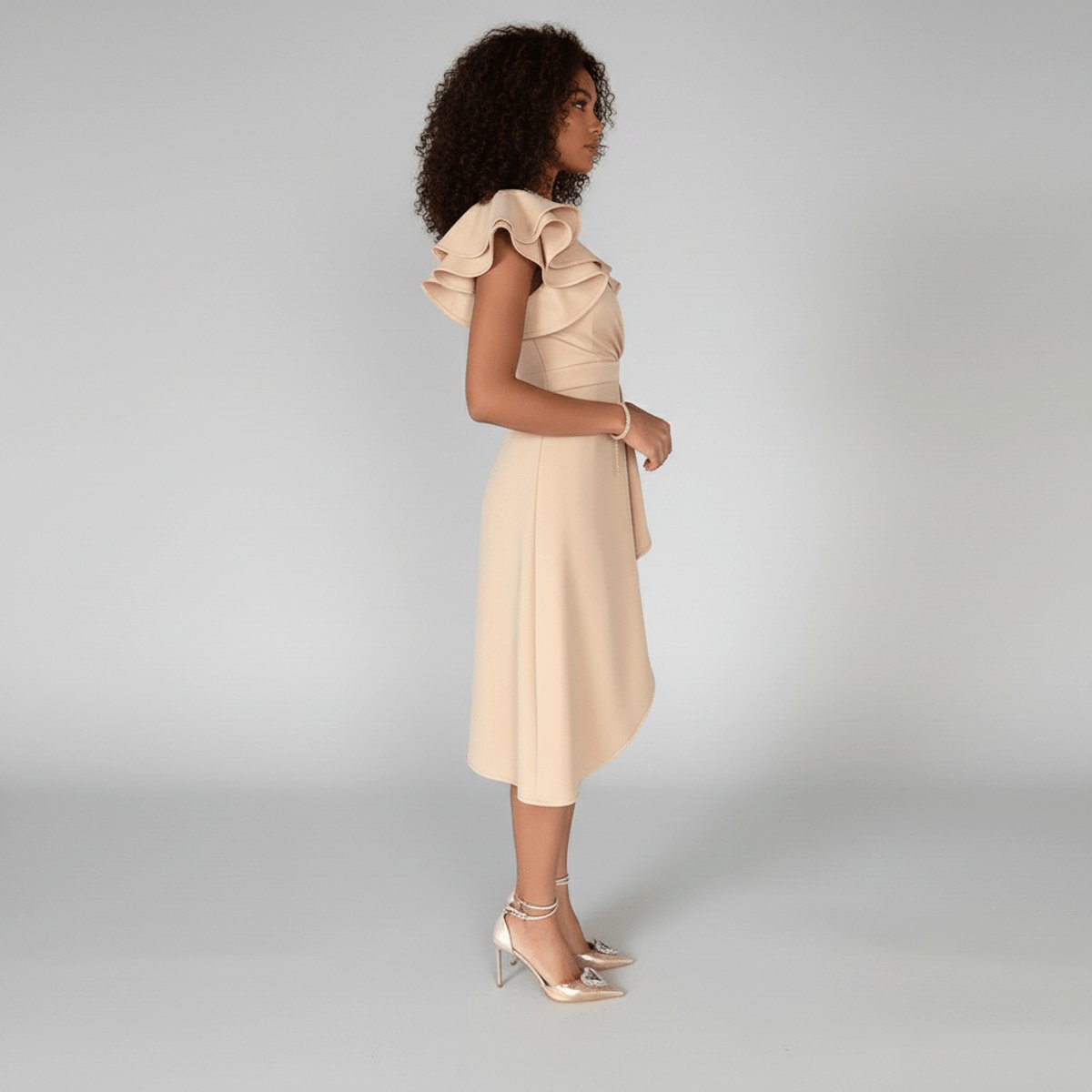 Women's Ruffle Sleeve Wrap Mother of the Bride Dress Asymmetric Midi