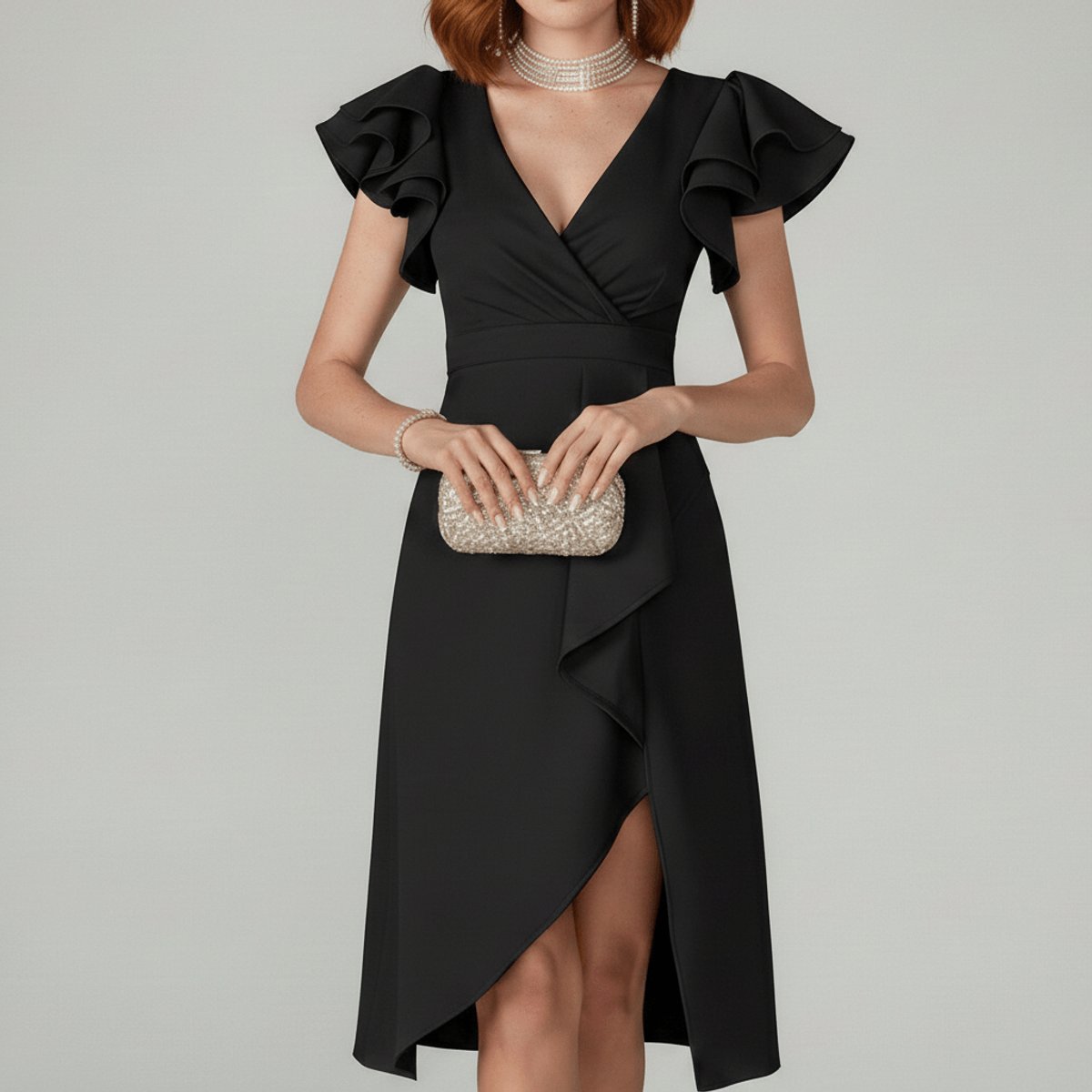 Women's Ruffle Sleeve Wrap Mother of the Bride Dress Asymmetric Midi - Classic Black