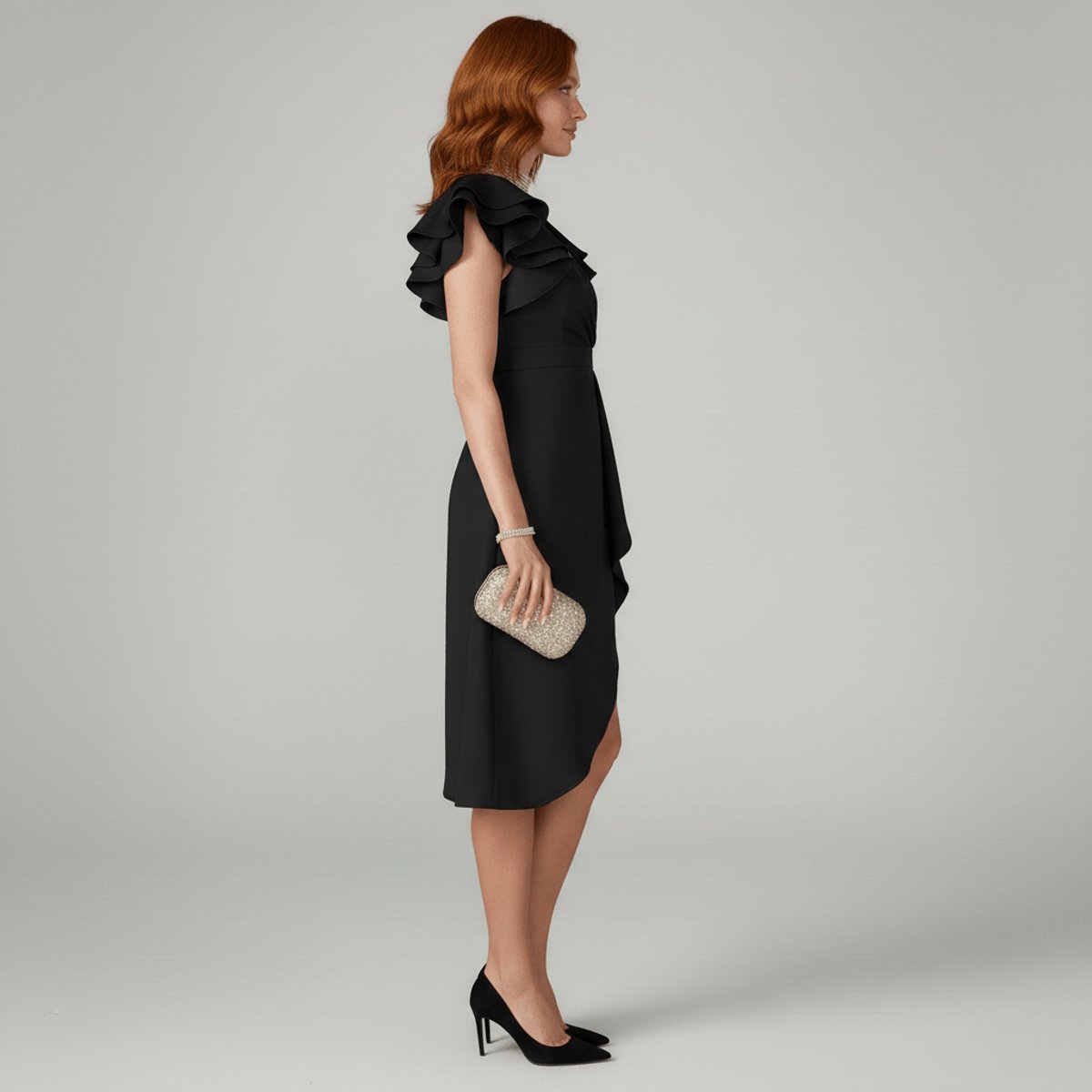 Women's Ruffle Sleeve Wrap Mother of the Bride Dress Asymmetric Midi