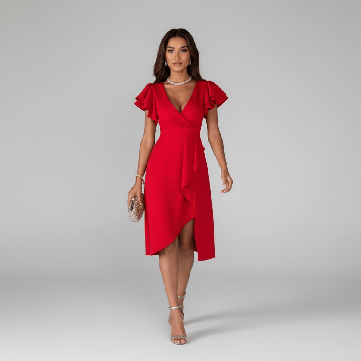 Women's Ruffle Sleeve Wrap Mother of the Bride Dress Asymmetric Midi - Vivid Red