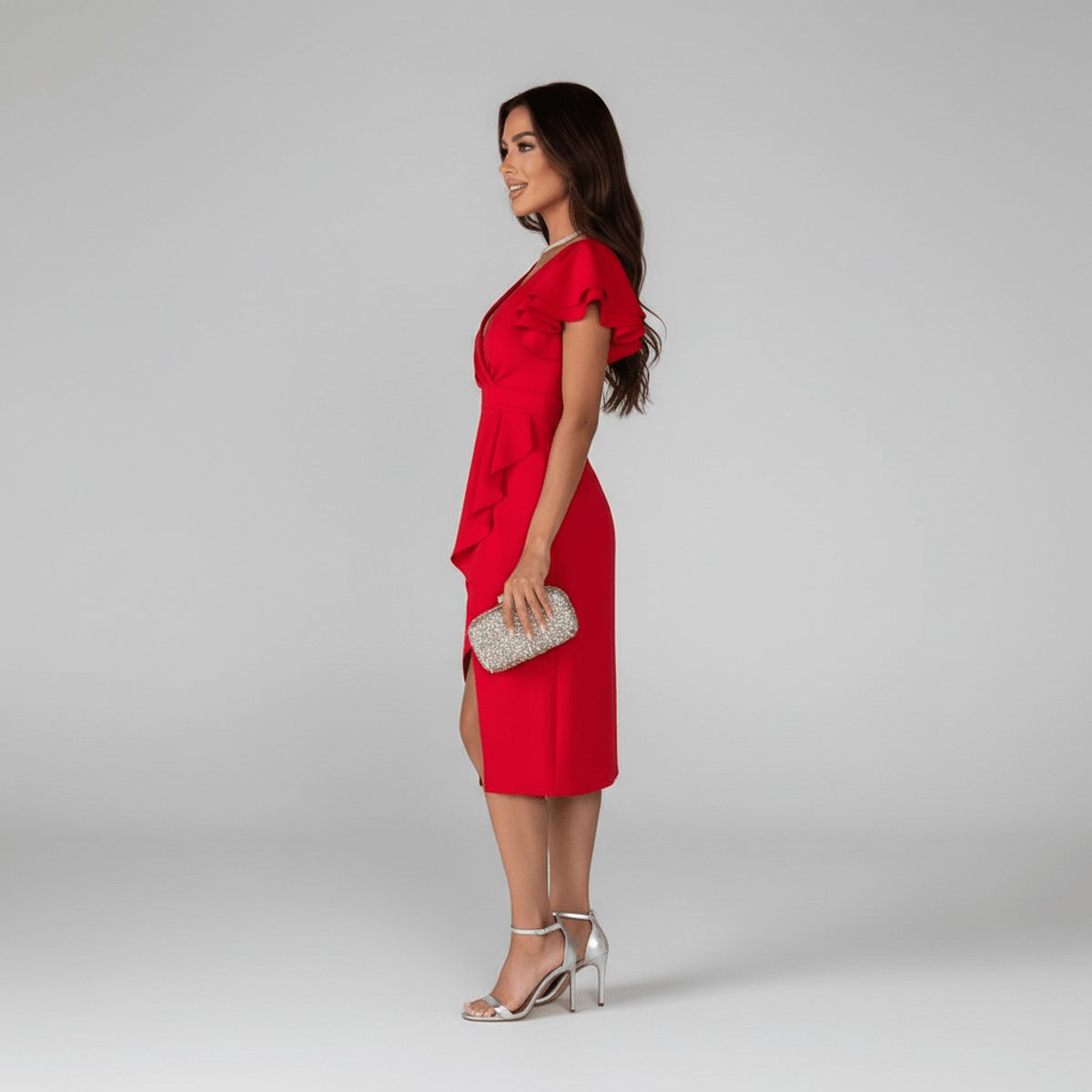 Women's Ruffle Sleeve Wrap Mother of the Bride Dress Asymmetric Midi