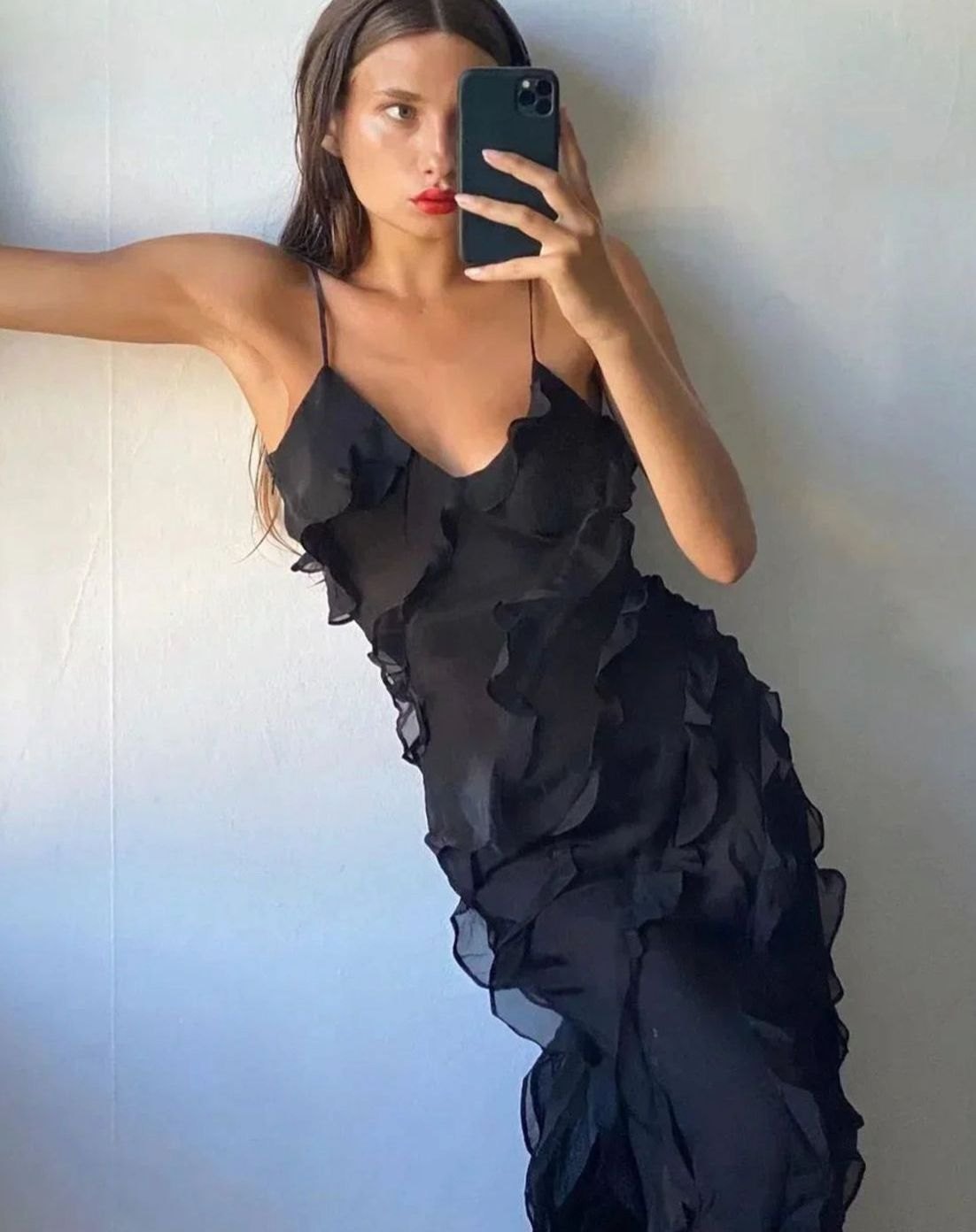 Women's Ruffle Spaghetti-Strap Formal Maxi Wedding Guest Dress