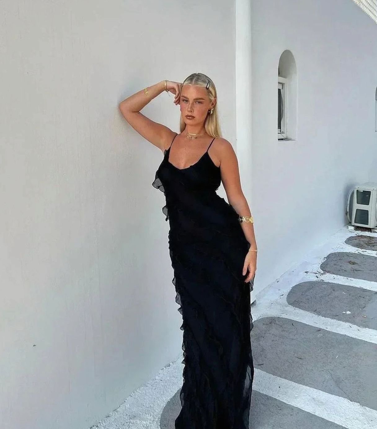 Women's Ruffle Spaghetti-Strap Formal Maxi Wedding Guest Dress