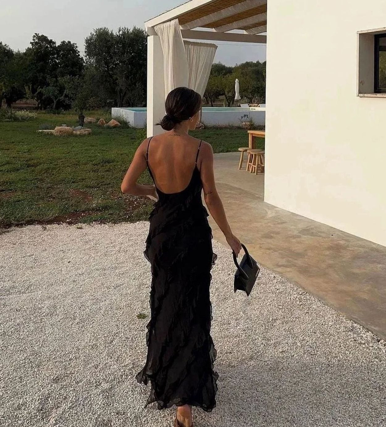 Women's Ruffle Spaghetti-Strap Formal Maxi Wedding Guest Dress