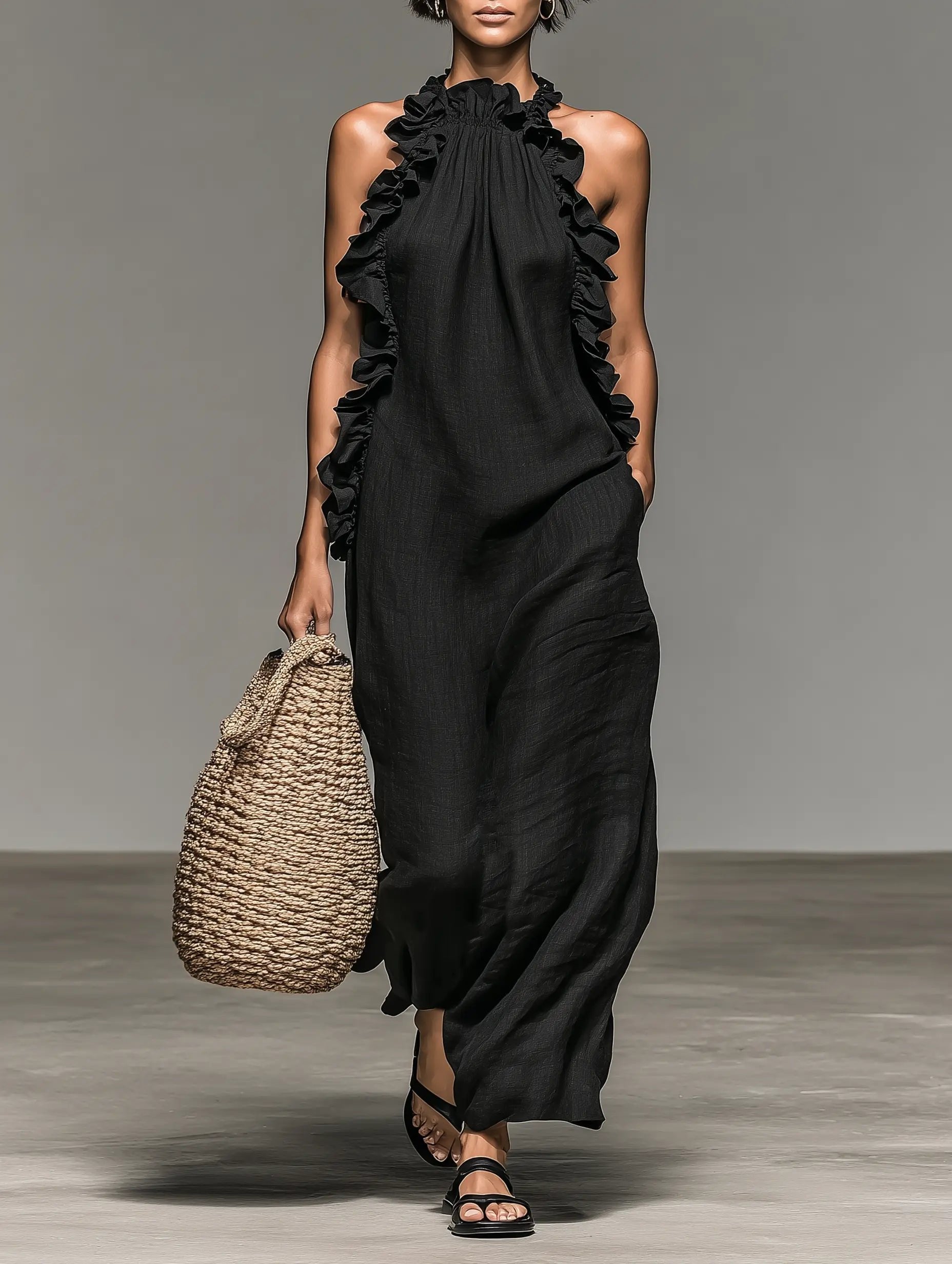 Women's Ruffle-Trim Halter Linen Maxi Dress - Black