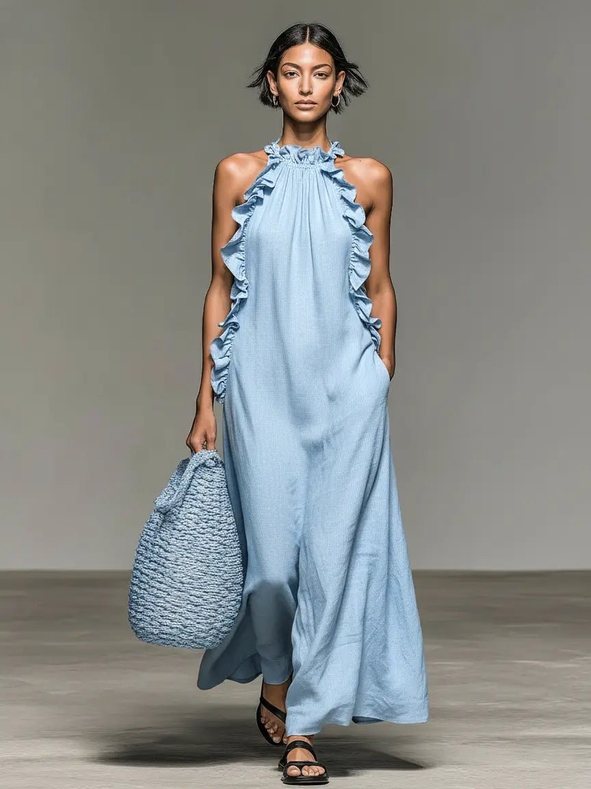 Women's Ruffle-Trim Halter Linen Maxi Dress - Light Blue