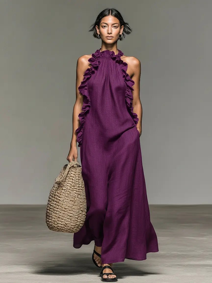 Women's Ruffle-Trim Halter Linen Maxi Dress - Purple