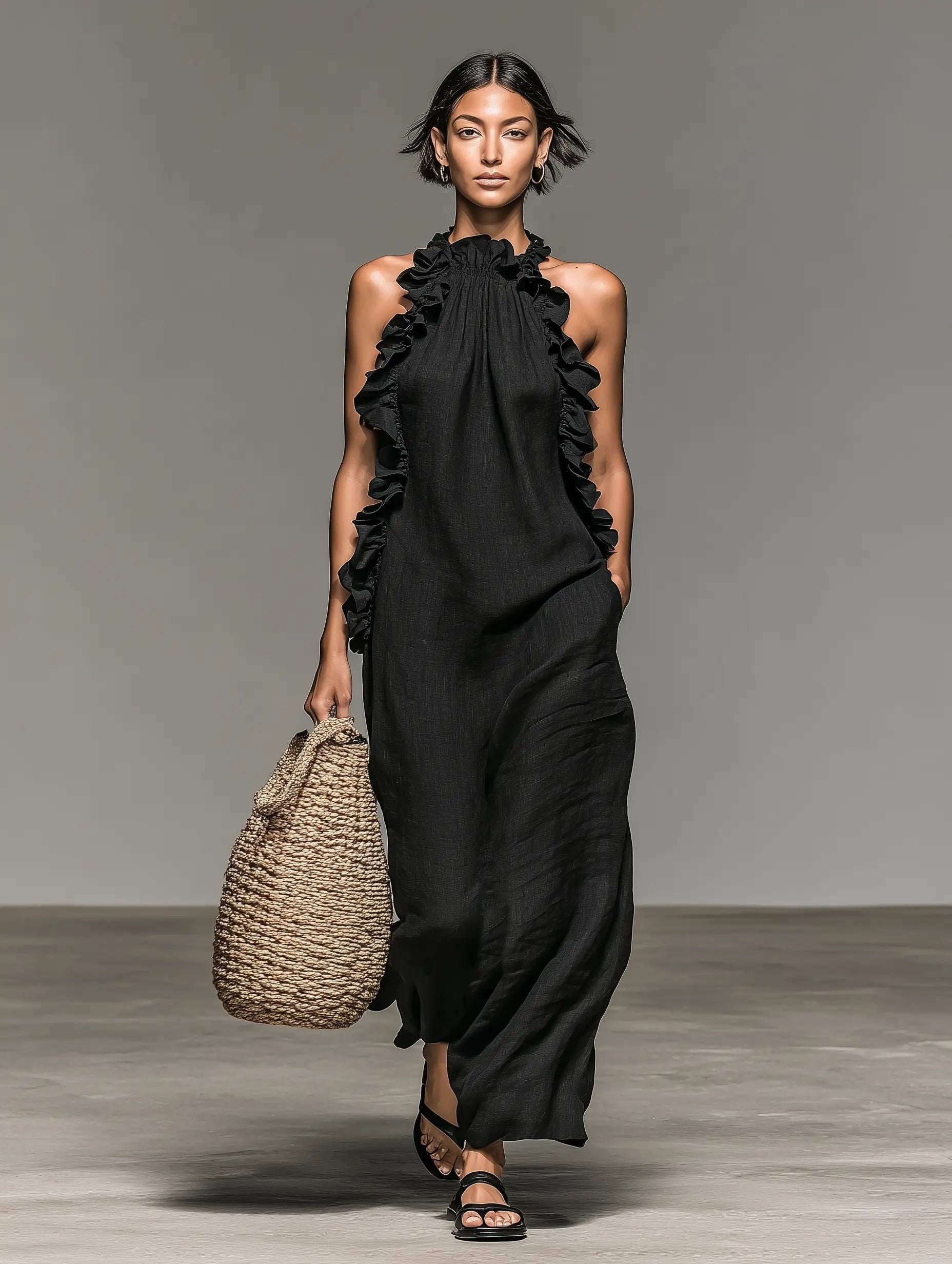Women's Ruffle-Trim Halter Linen Maxi Dress