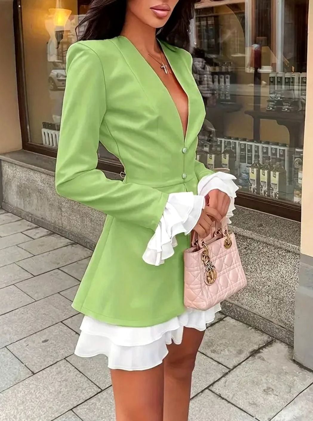 Women's Ruffle-Trim Long-Sleeve Blazer Mini Dress Evening Wear