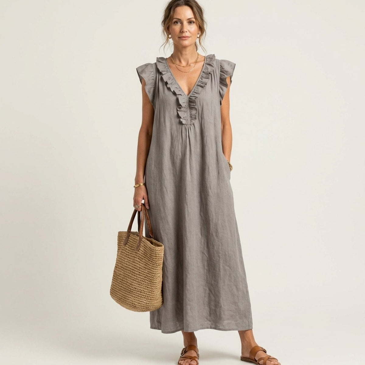 Women's Ruffle V-Neck Relaxed-Fit Sleeveless Maxi Dress - Gray