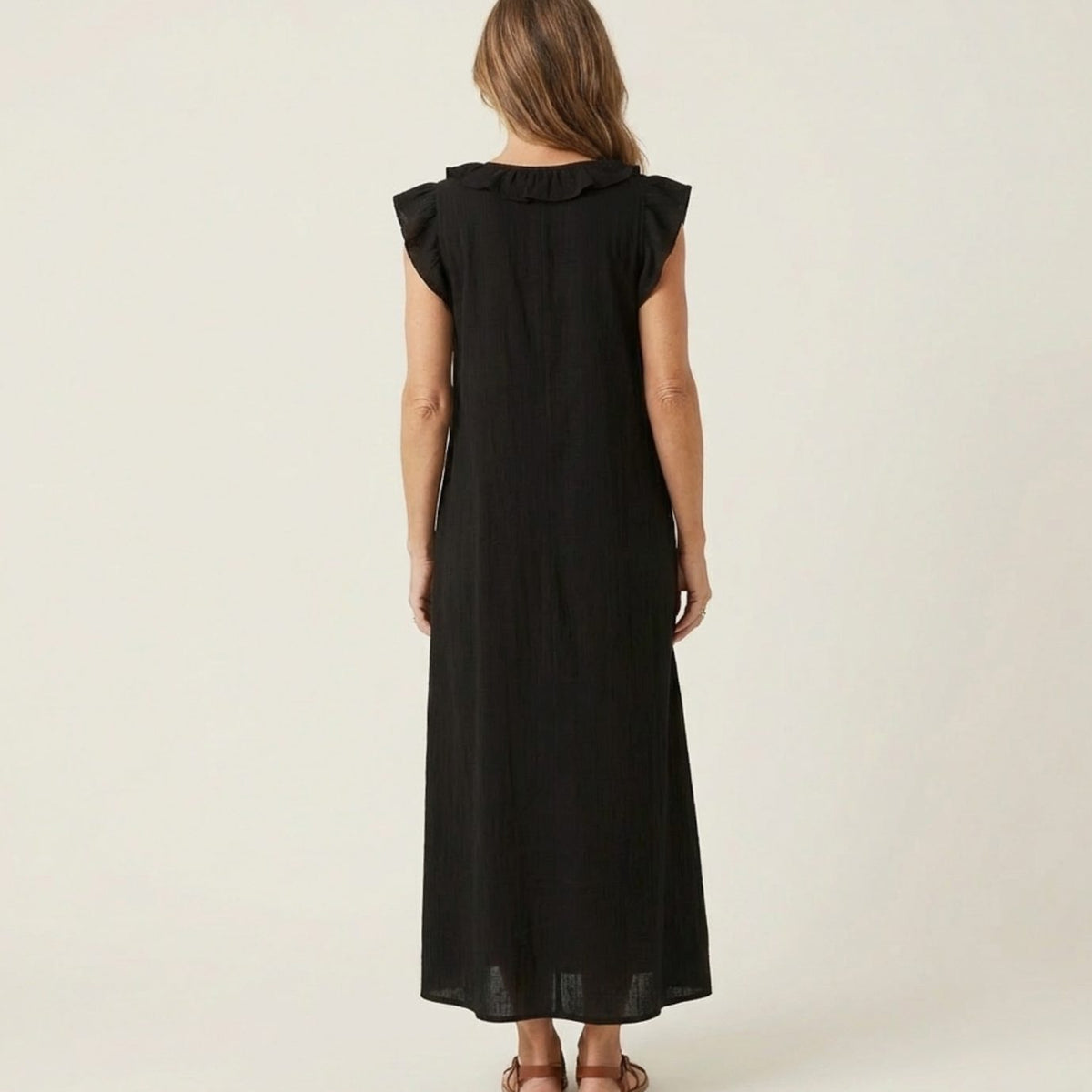 Women's Ruffle V-Neck Relaxed-Fit Sleeveless Maxi Dress