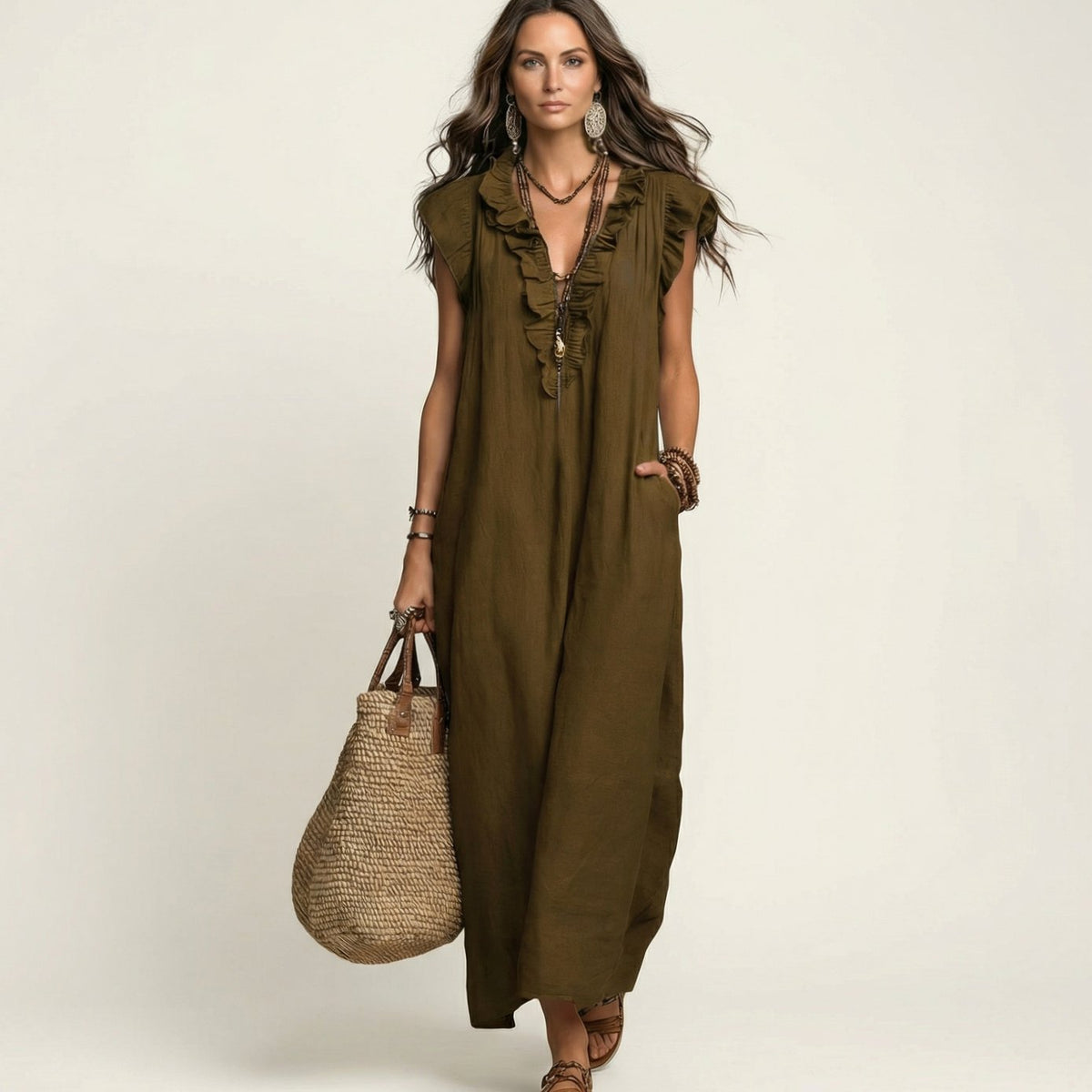 Women's Ruffle V-Neck Relaxed-Fit Sleeveless Maxi Dress - Brown