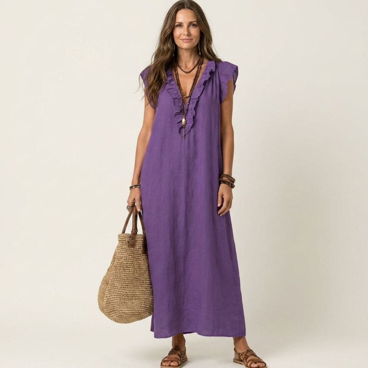 Women's Ruffle V-Neck Relaxed-Fit Sleeveless Maxi Dress - Purple