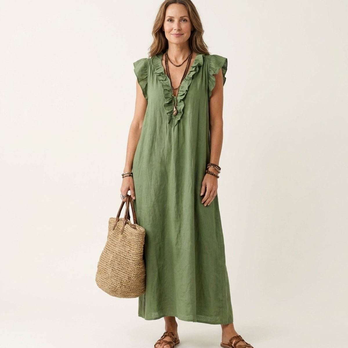 Women's Ruffle V-Neck Relaxed-Fit Sleeveless Maxi Dress - Green