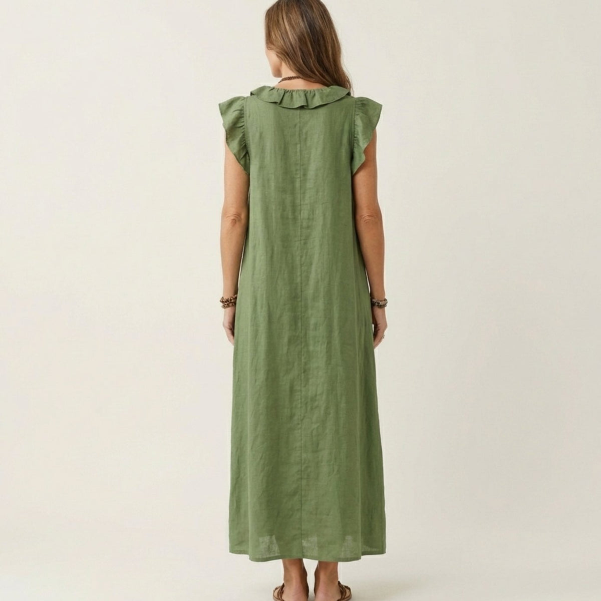 Women's Ruffle V-Neck Relaxed-Fit Sleeveless Maxi Dress