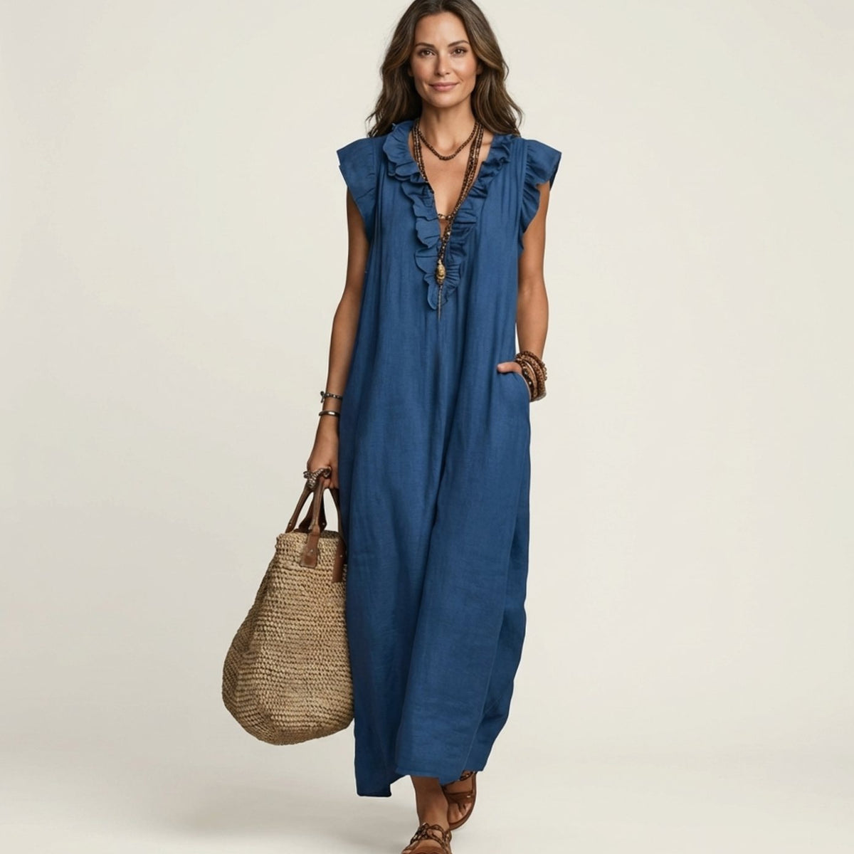 Women's Ruffle V-Neck Relaxed-Fit Sleeveless Maxi Dress - Blue