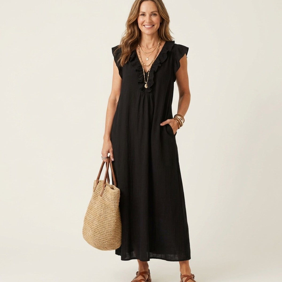 Women's Ruffle V-Neck Relaxed-Fit Sleeveless Maxi Dress - Black