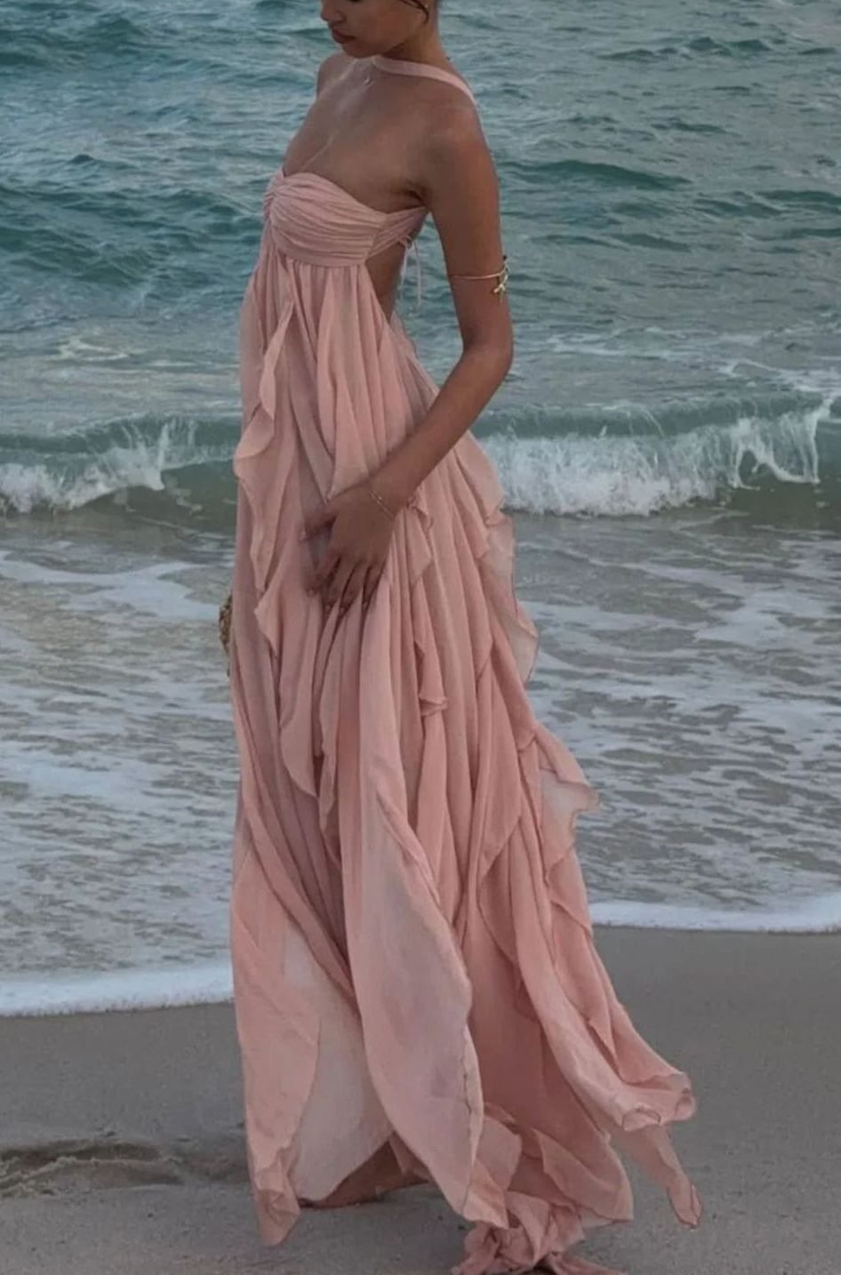 Women's Ruffled Halter-Neck Flowy Pink Maxi Dress - Baby Pink