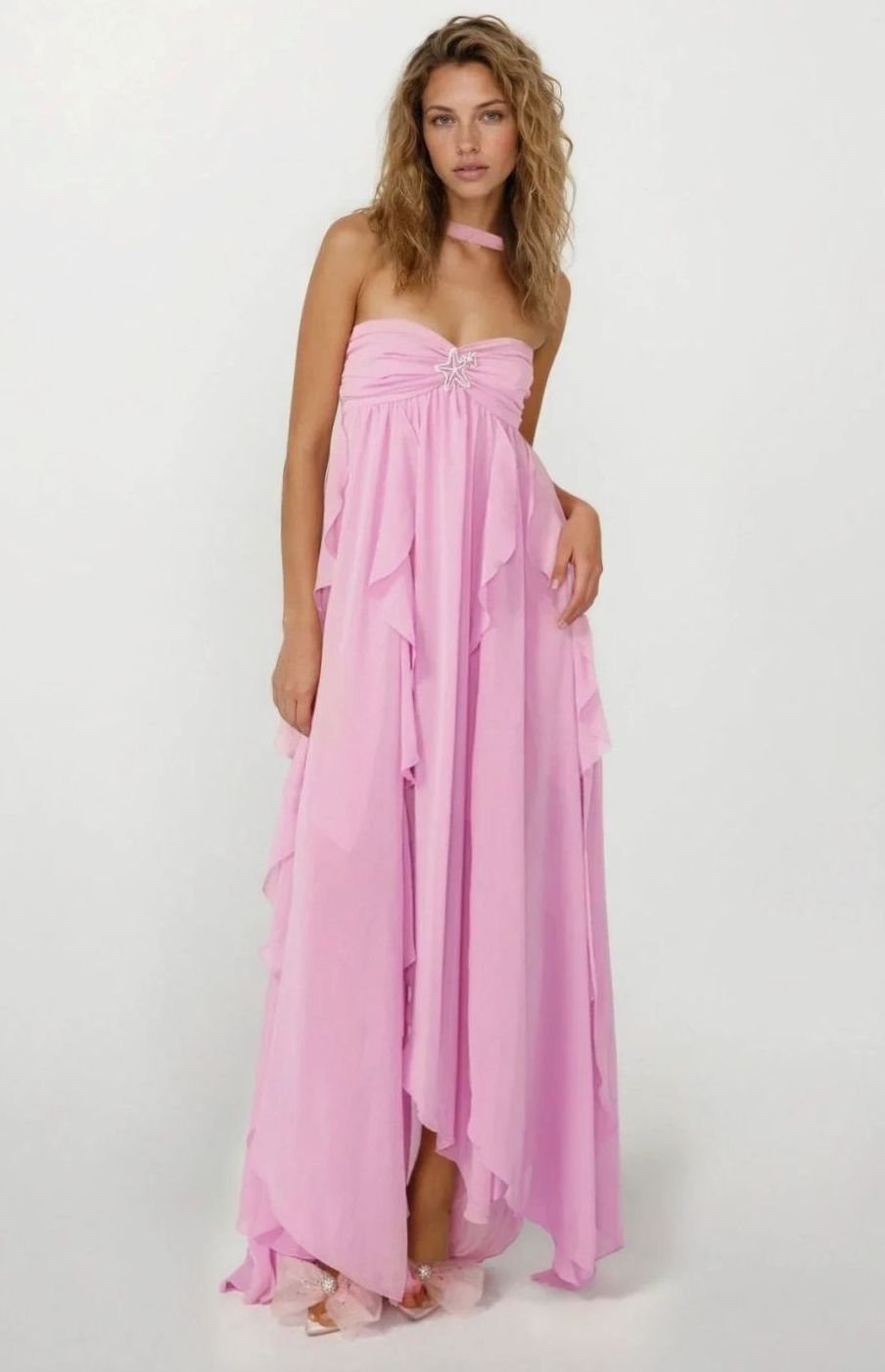 Women's Ruffled Halter-Neck Flowy Pink Maxi Dress