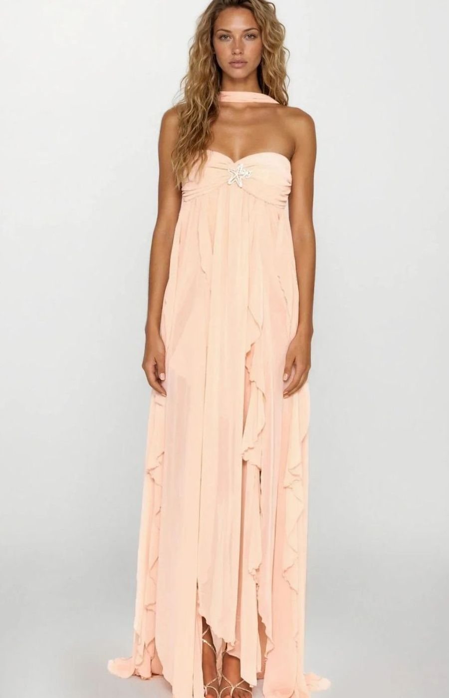 Women's Ruffled Halter-Neck Flowy Pink Maxi Dress