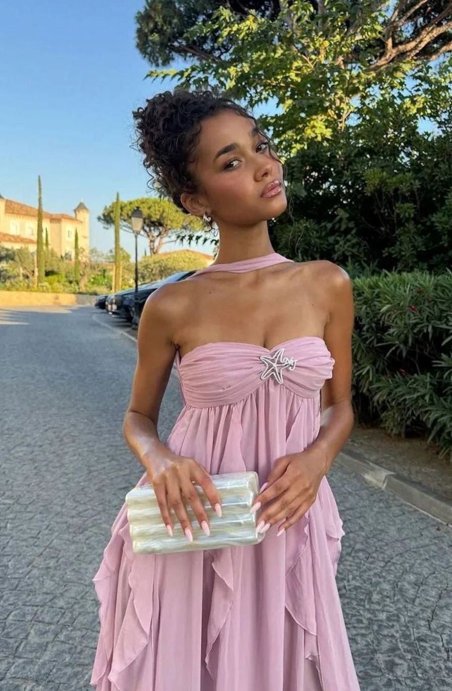 Women's Ruffled Halter-Neck Flowy Pink Maxi Dress - Pink