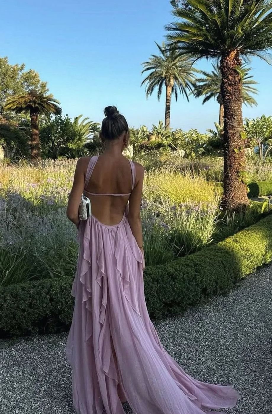 Women's Ruffled Halter-Neck Flowy Pink Maxi Dress