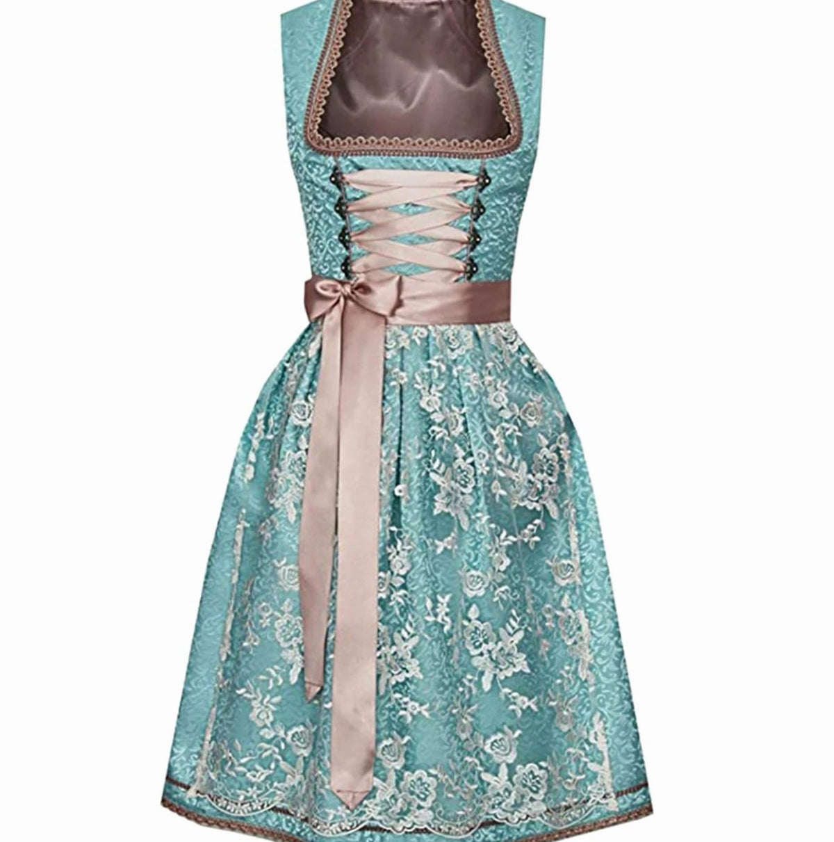 Women's Satin Brocade Lace-Up Bavarian Dirndl Dress - Turquoise-Pink
