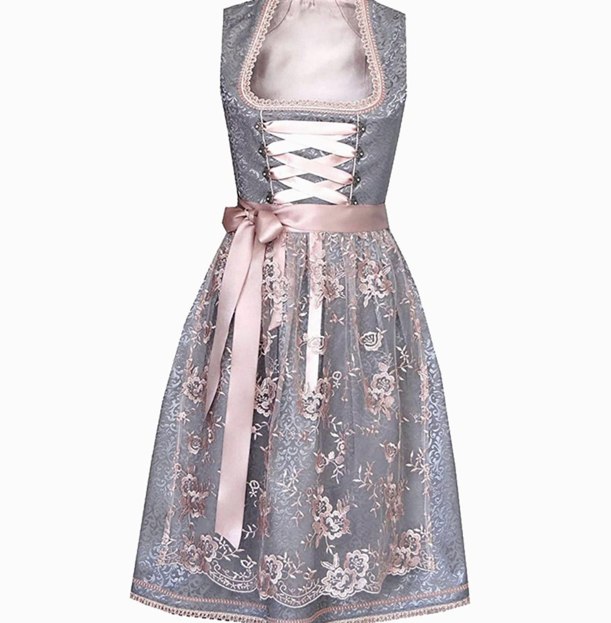 Women's Satin Brocade Lace-Up Bavarian Dirndl Dress - Grey-Pink