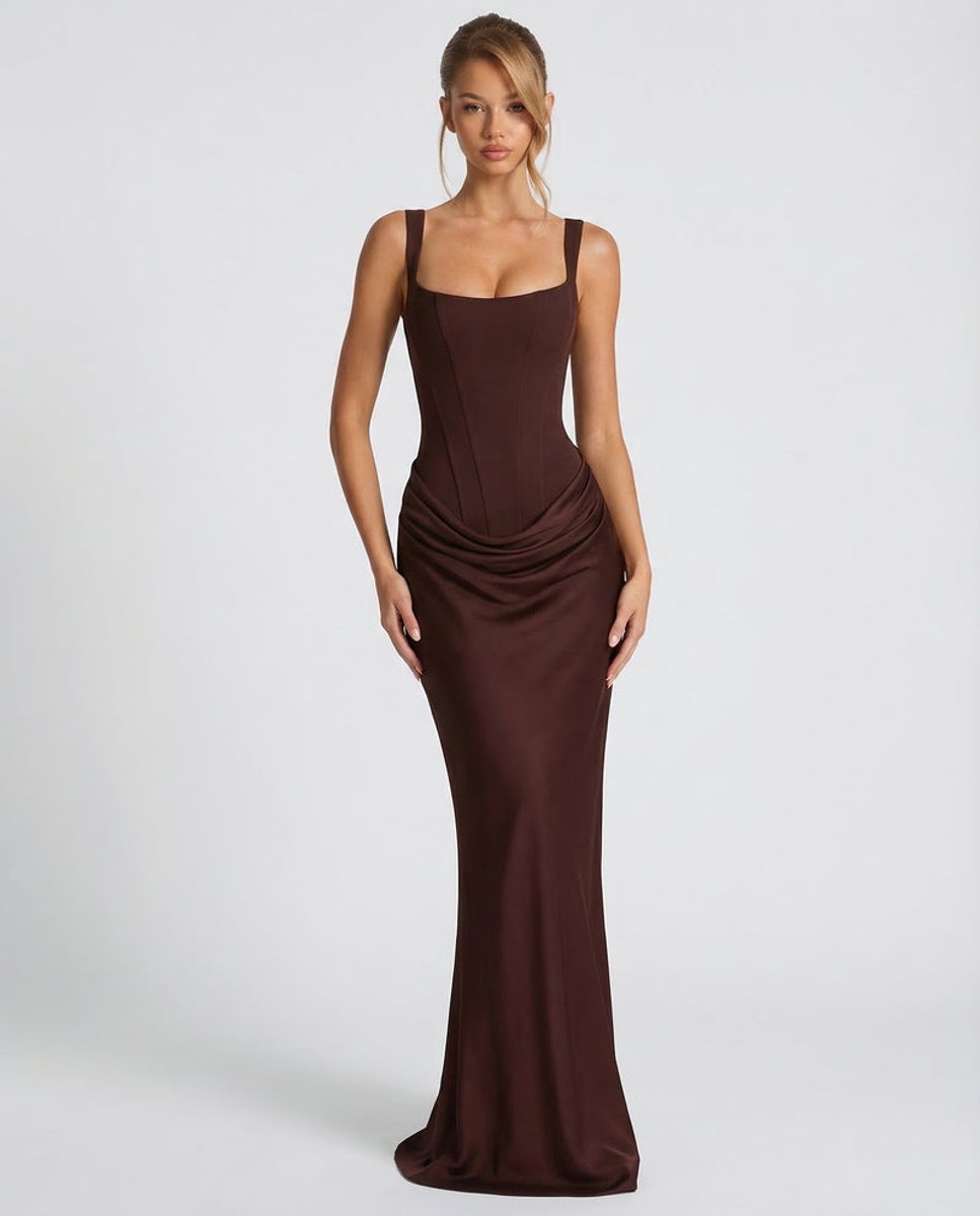 Women's Satin Corset Maxi Summer Dress Jumpsuit Draped Formal Gown - Brown