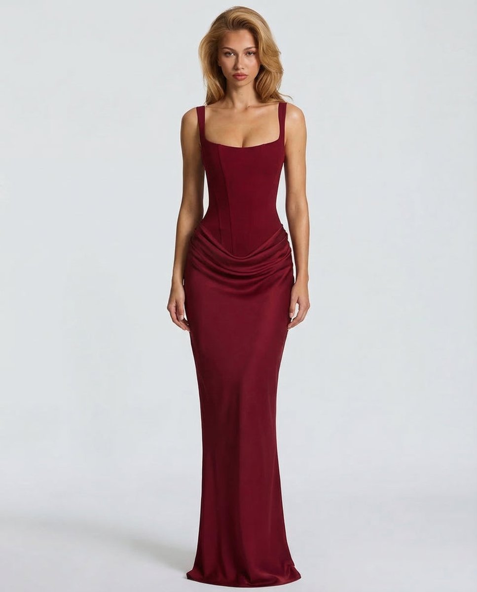 Women's Satin Corset Maxi Summer Dress Jumpsuit Draped Formal Gown - Burgundy