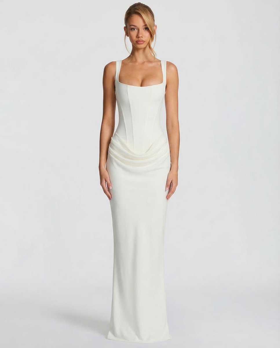 Women's Satin Corset Maxi Summer Dress Jumpsuit Draped Formal Gown - White