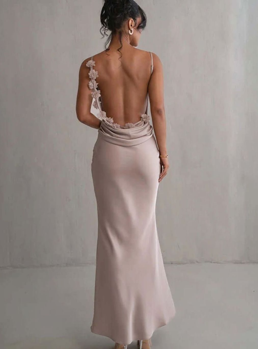Women's Satin Cowl-Neck Backless Maxi Slip Dress - Apricot