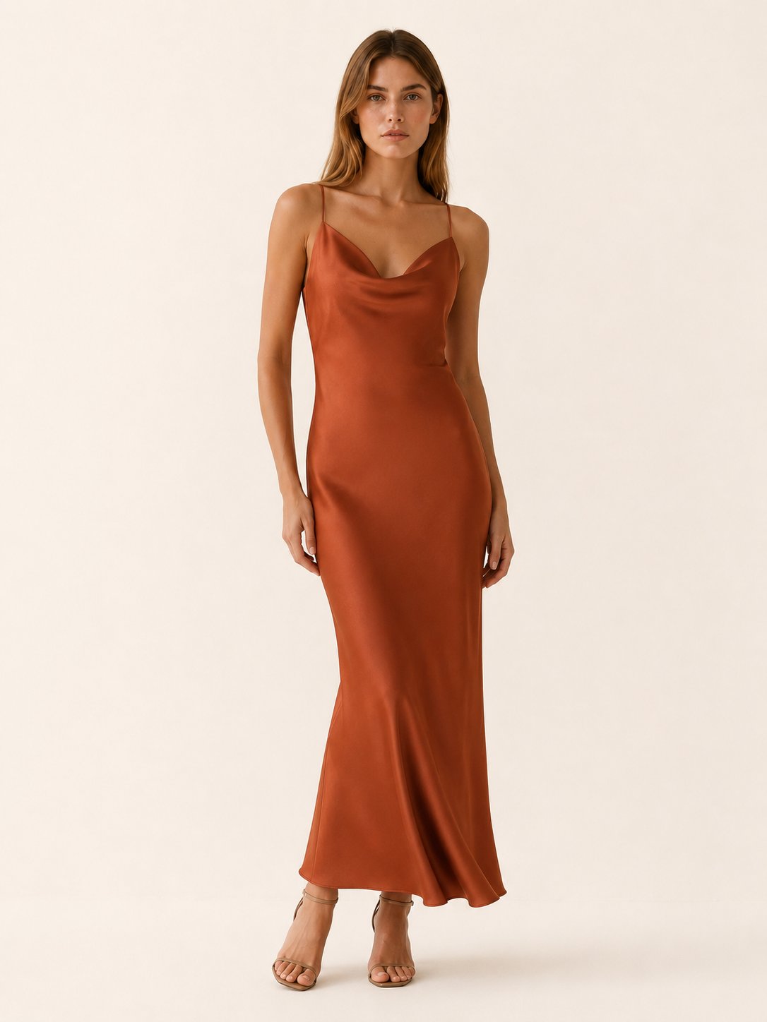 Women's Satin Cowl-Neck Sleeveless Maxi Dresses - Brown