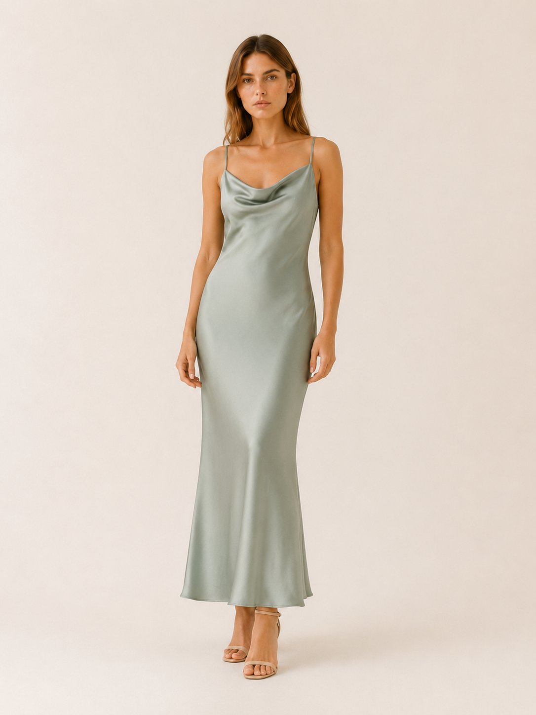 Women's Satin Cowl-Neck Sleeveless Maxi Dresses - Light Green