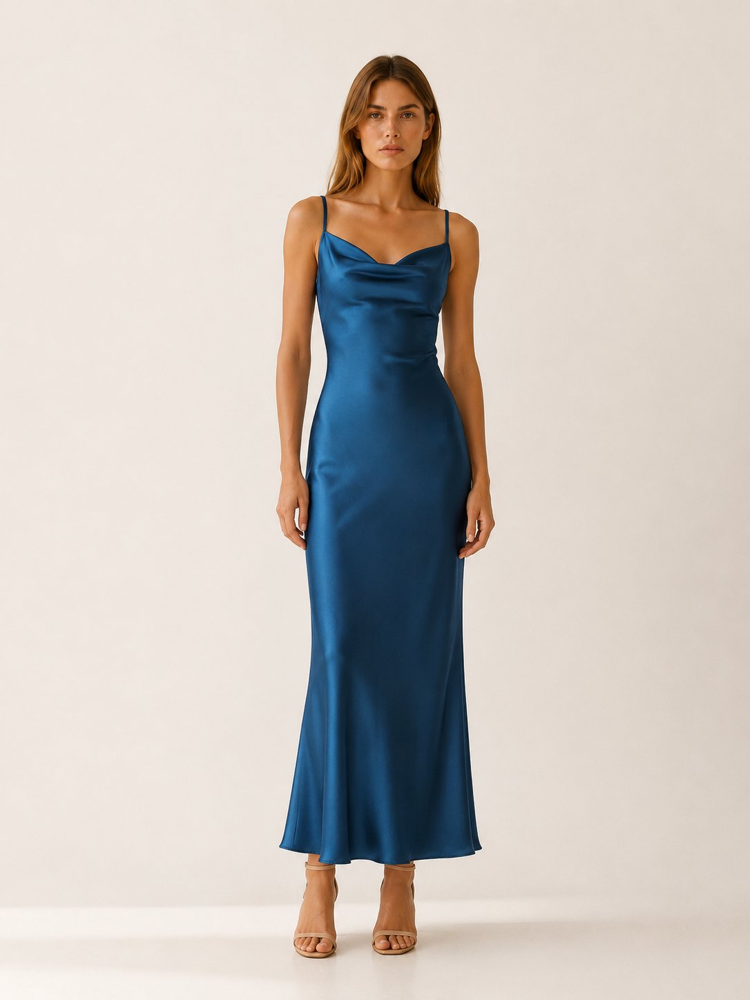 Women's Satin Cowl-Neck Sleeveless Maxi Dresses - Blue