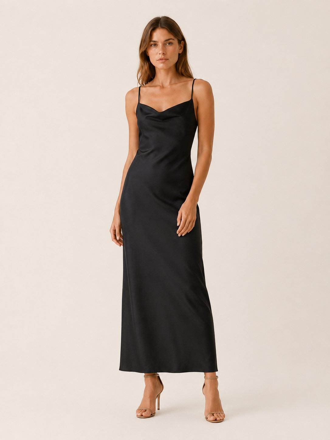 Women's Satin Cowl-Neck Sleeveless Maxi Dresses - Black