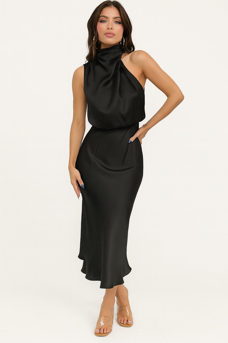 Women's Satin Halter Midi Summer Dress Jumpsuit Sleeveless Draped - Black
