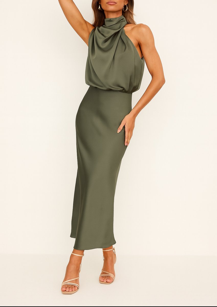 Women's Satin Halter Midi Summer Dress Jumpsuit Sleeveless Draped - Army Green